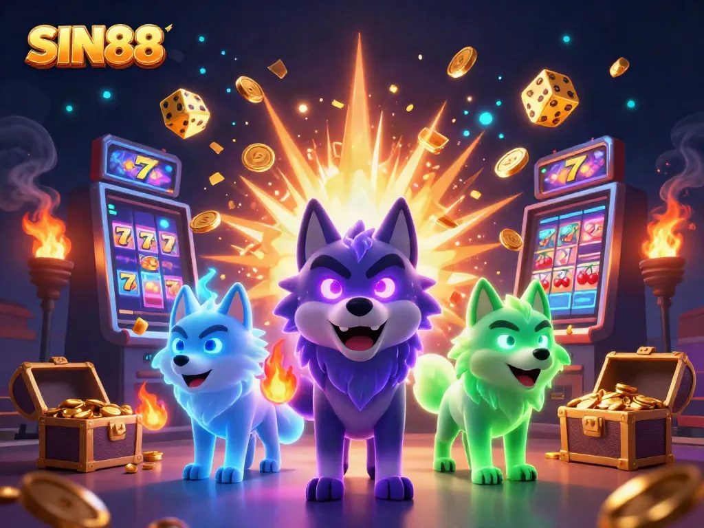Engage in thrilling gameplay at SIN88 with a shadow wolf pack leader and vibrant casino elements.