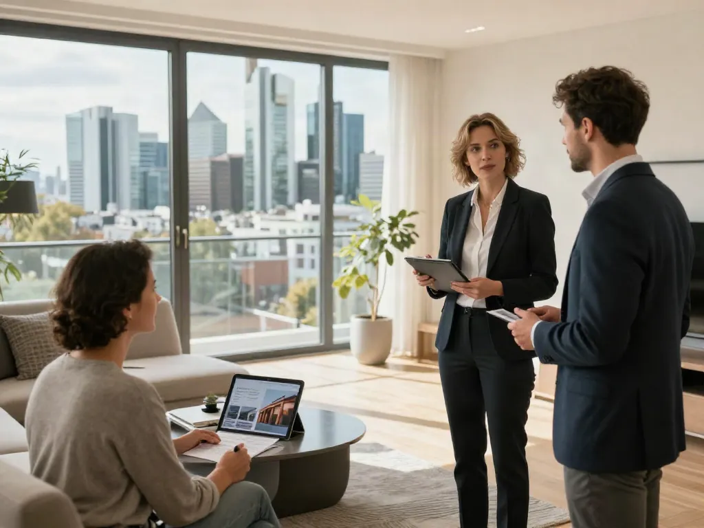 Erfahrener Immobilienmakler zeigt eine Luxuswohnung in Frankfurt, ideal für Käufer.