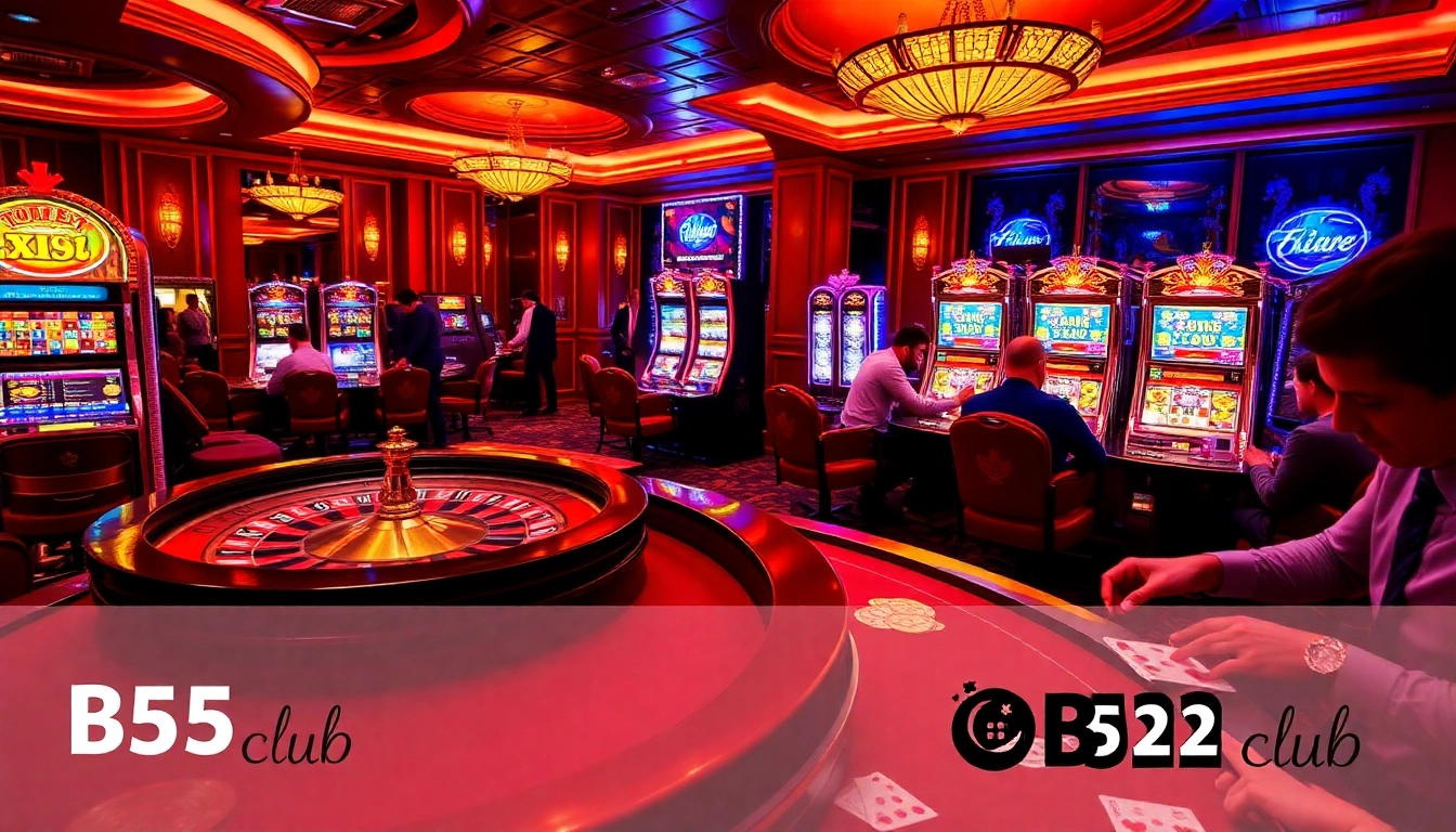 B52 Club players strategizing at a luxurious casino table with roulette and vibrant slot machines.