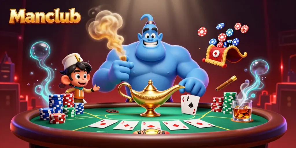 Experience the excitement of Manclub with a vibrant casino scene featuring a genie and poker elements.