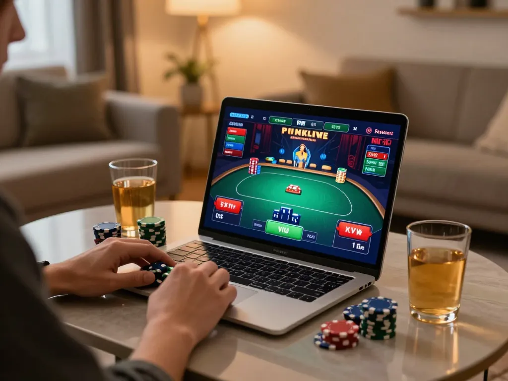 Engaging in online poker gaming at fabet with laptop and poker chips in cozy setting.