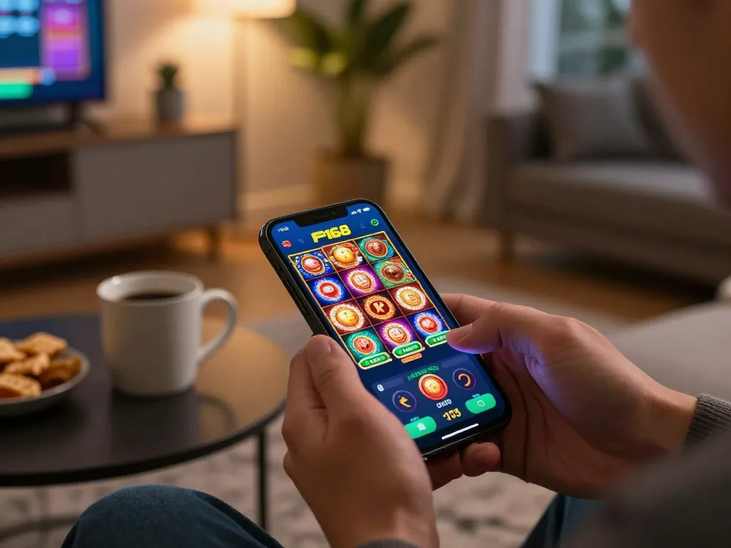 Player enjoying online slots on f168 app at home, showcasing excitement and engagement