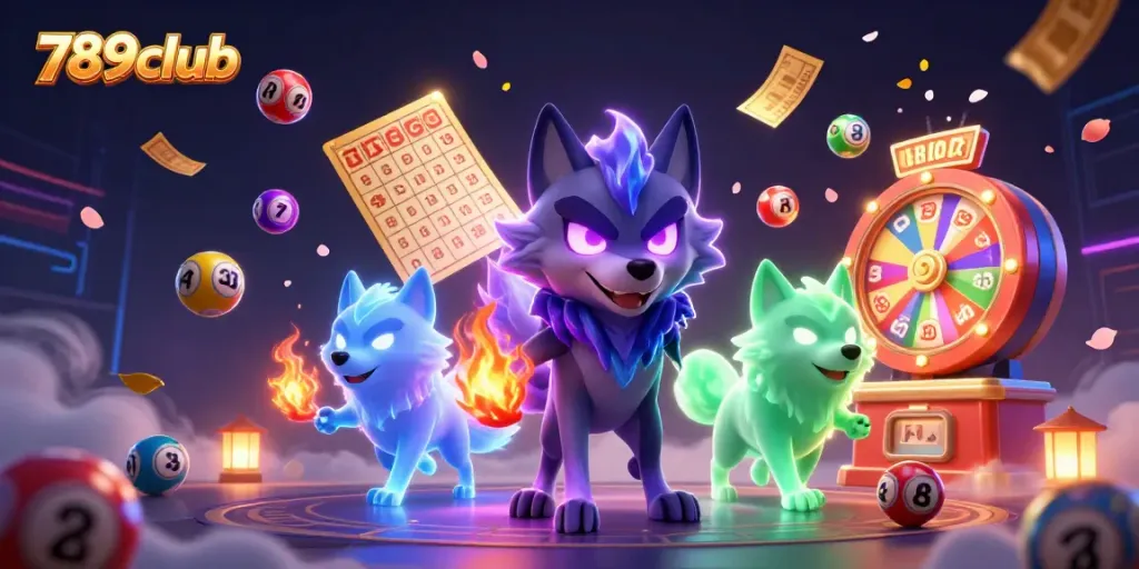 Engage in thrilling games at 789club with vibrant animated lottery balls and mystical wolves.