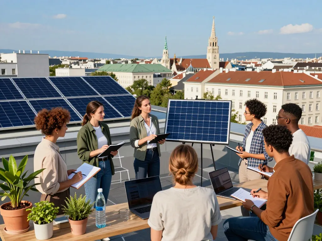 Gruppe diskutiert Lösungen für Solarenergie in Wien auf einem Stadt-Dach, präsentiert Solarpanel-Designs.