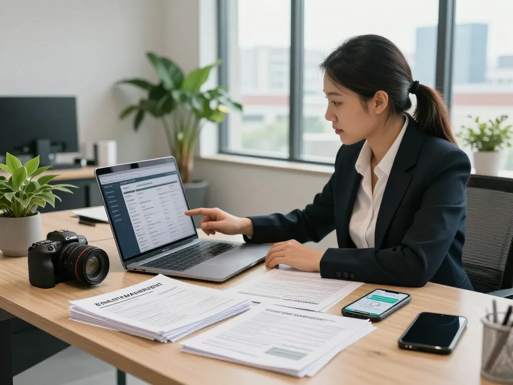 Application de gestion immobilière dans un bureau moderne avec un professionnel gérant les propriétés efficacement.