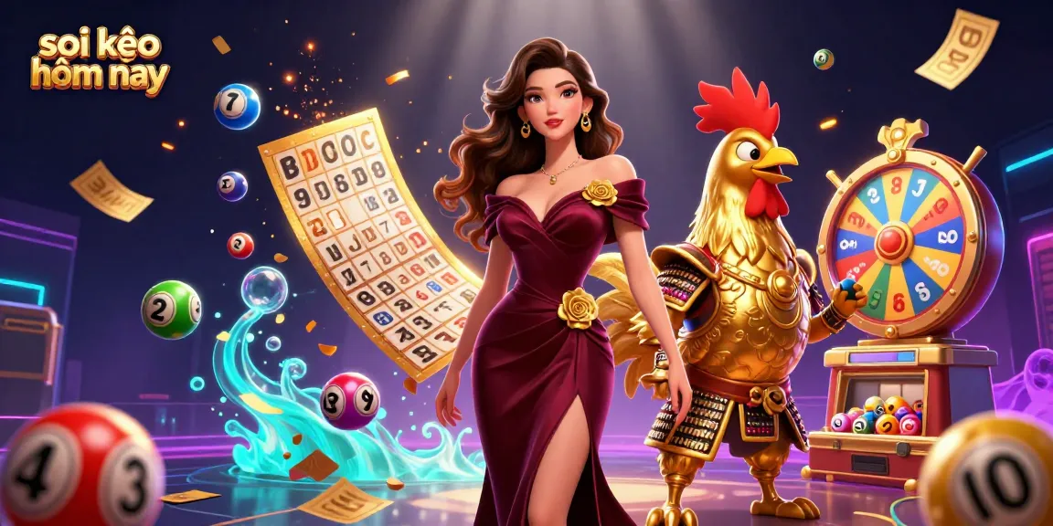 Soi kèo hôm nay highlights an exciting 3D illustration featuring a glamorous woman and a golden rooster warrior amidst dynamic gambling elements.