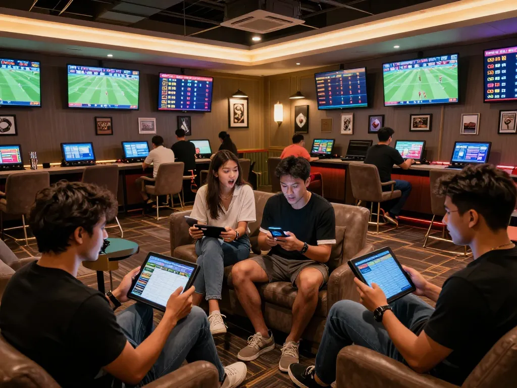 Tỷ lệ kèo nhà cái displayed on interactive screens in an upscale sports betting lounge, showcasing excited patrons engaging with live match updates.