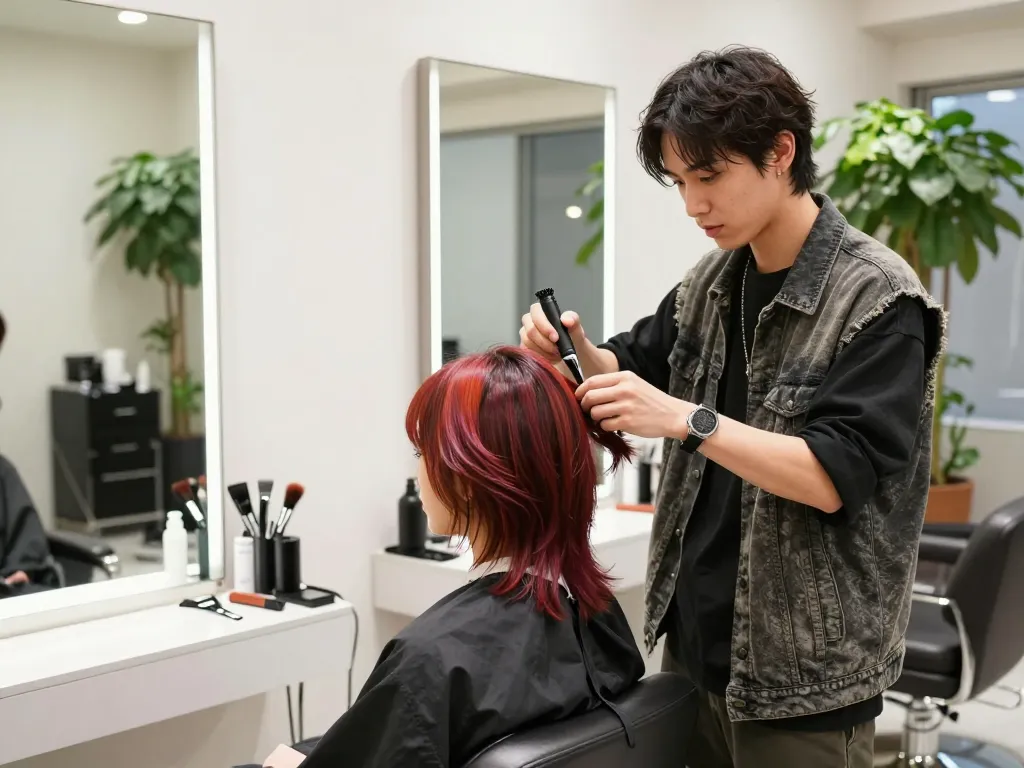 スタイリッシュなヘアサロンのシーン、東京ヘアサロンでプロのスタイリストが現代的なカットを行っている様子。