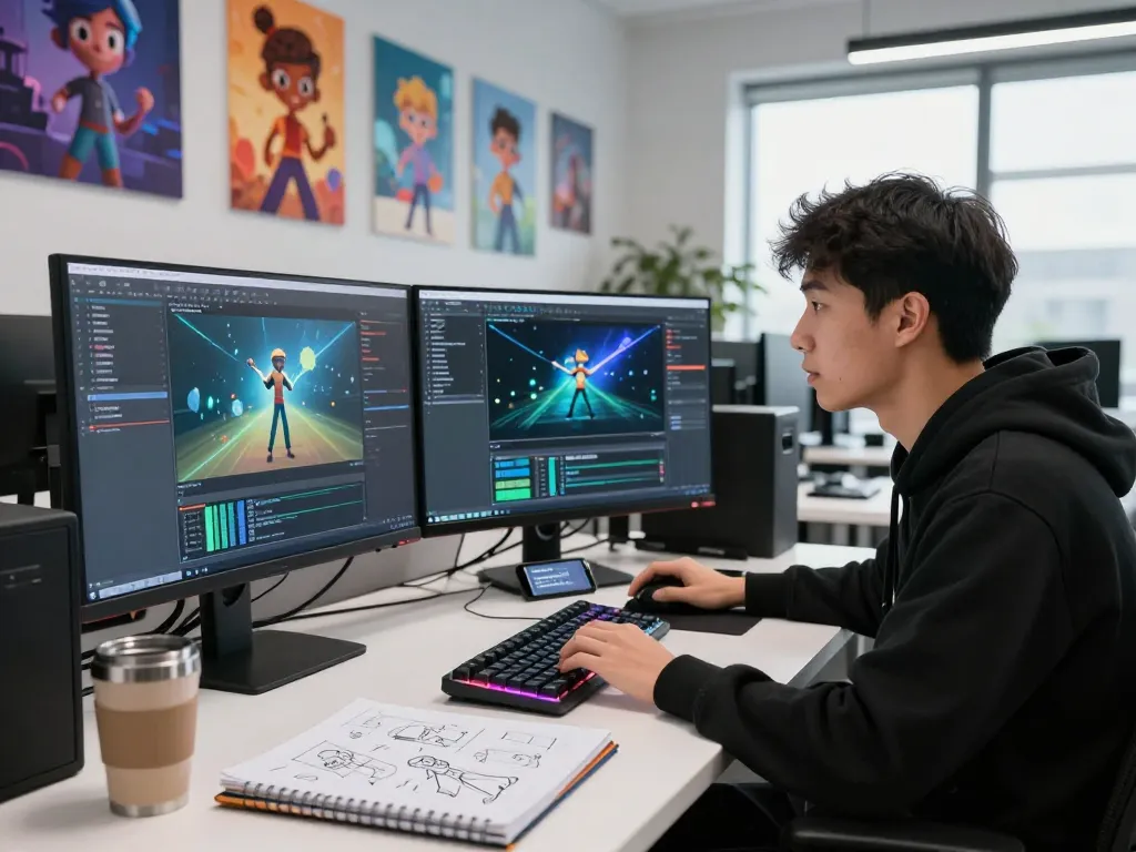 Developer focused on motion control technology, analyzing AI animation sequences on dual monitors within a creative workspace.