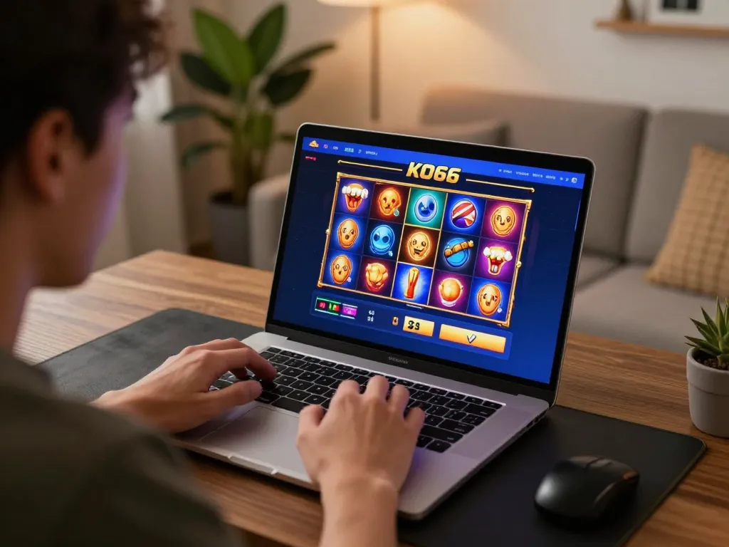 Cảnh hấp dẫn của một người chơi sử dụng ứng dụng casino KO66 để có trải nghiệm trò chơi trực tuyến thú vị tại nhà.