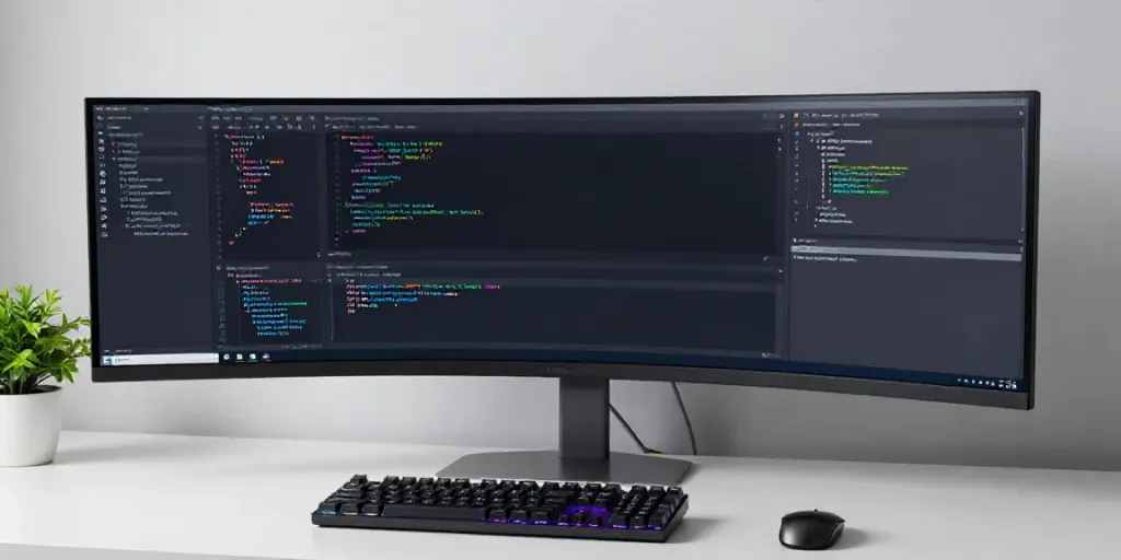 Moderne Entwicklerarbeitsplatz mit gg Software-Entwicklung, VS Code Editor und RGB-Tastatur in einem sauberen, minimalistischen Setup.
