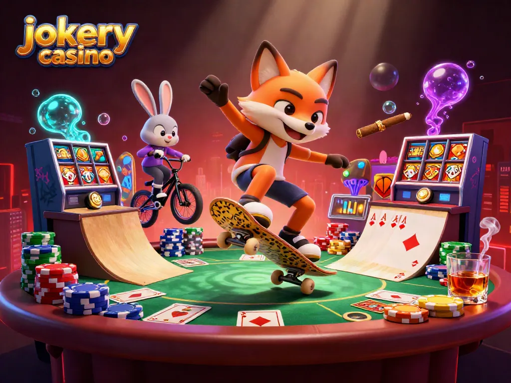 Skateboarder fox and BMX rabbit performing tricks at Jokery Casino, surrounded by poker chips and vibrant games.