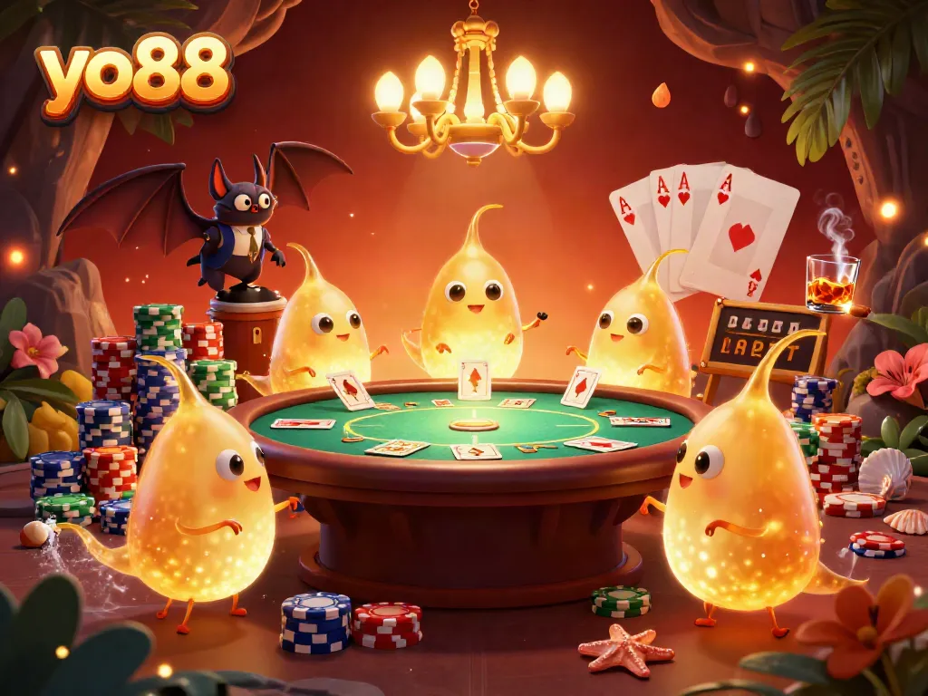 Experience the thrill of yo88 gaming in a vibrant casino scene lit by glowing glowworms engaging in poker.