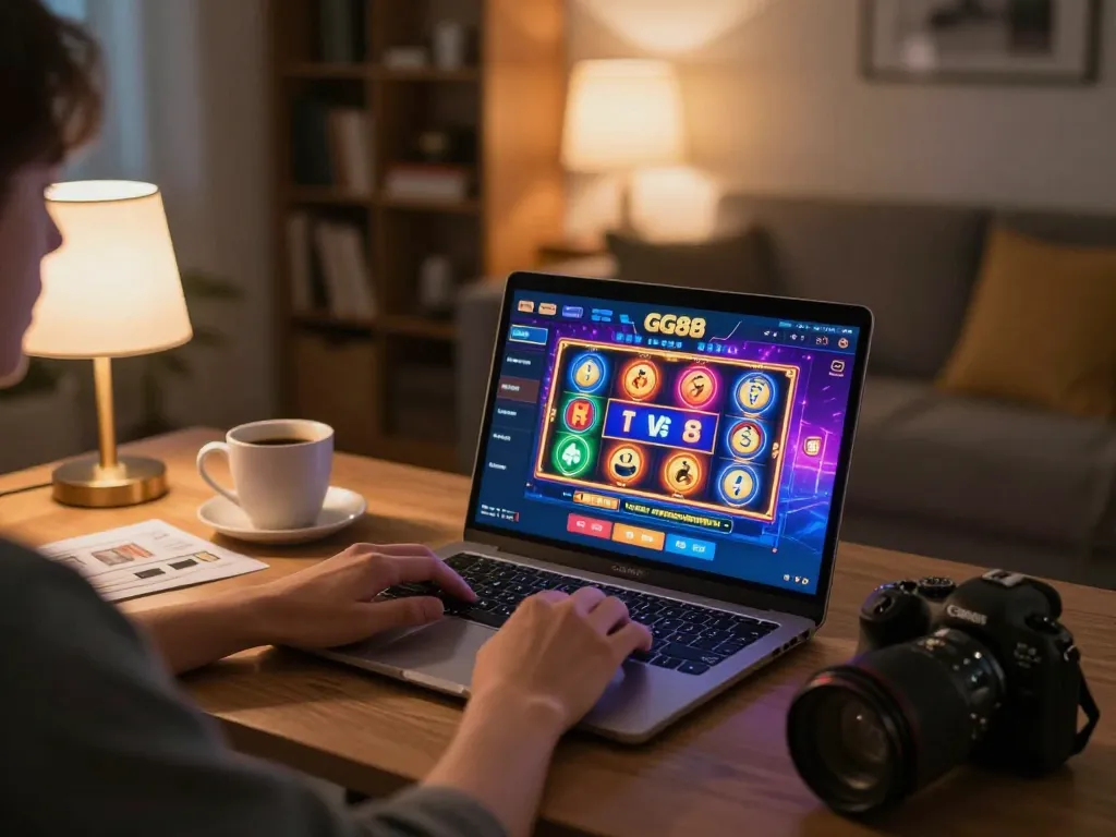 Engaging with GG88 online casino platform from a cozy home setup with vibrant game displays