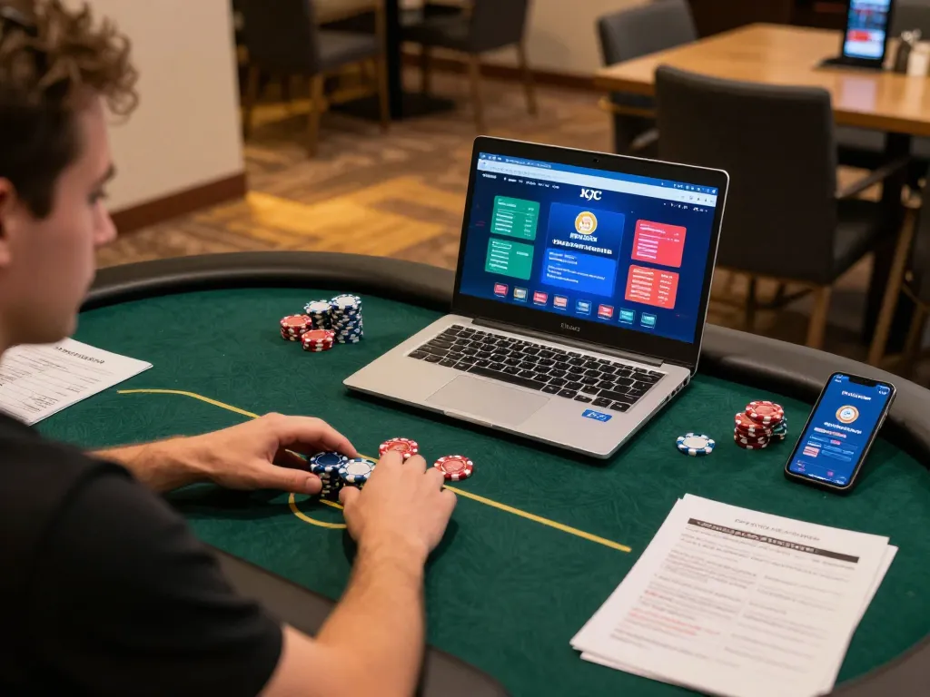 KJC online gaming setup with player engaging in poker strategy and vibrant interface display