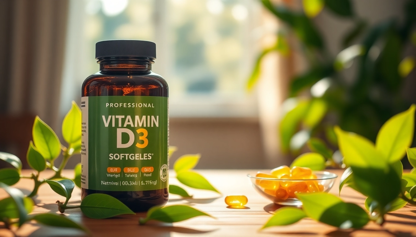 Vitamin D3 vegane Softgels auf einem Holztisch mit frischen Blättern und natürlichem Licht.