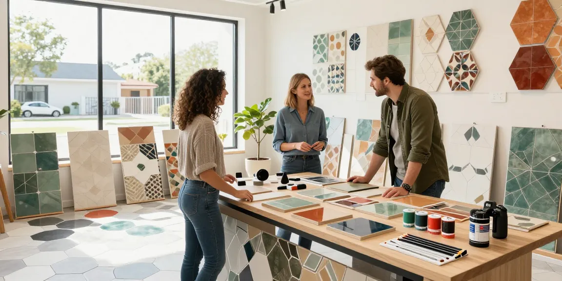 Stijlvol interieur met hexagon tegels, waarbij een ontwerper een huiseigenaar helpt in een moderne showroom.