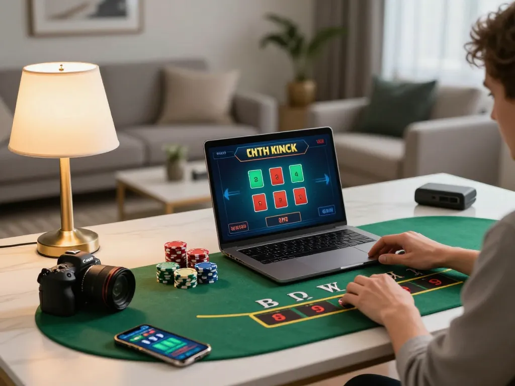 Person playing blackjack on laptop and smartphone at home, engaging with 79King.