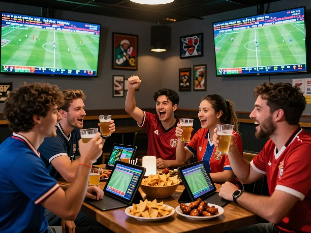 Fans enjoying a lively sports bar while checking tỷ lệ kèo bóng đá for live football matches.