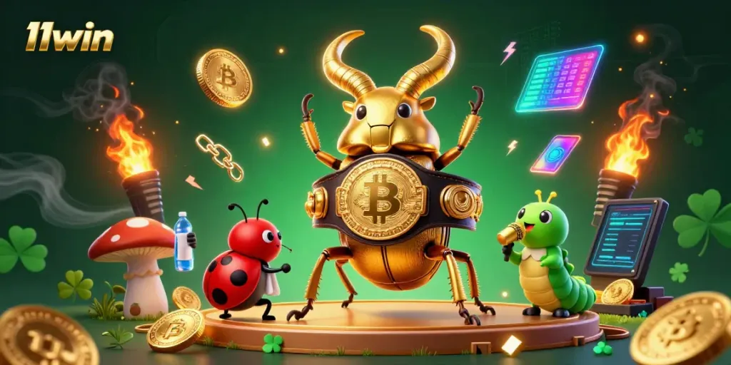 Experience thrilling action with 11win's vibrant casino scene featuring dynamic characters and crypto elements.