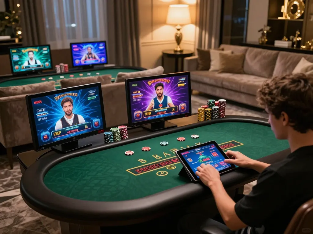 Players enjoying XOCDIA88 online casino games in a stylish home setting, showcasing tablet gameplay