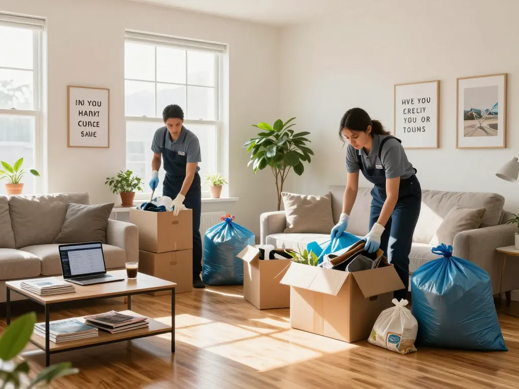 Effizientes Räumung Wien Serviceteam, das ein gemütliches Wohnzimmer mit professioneller Expertise entrümpelt.