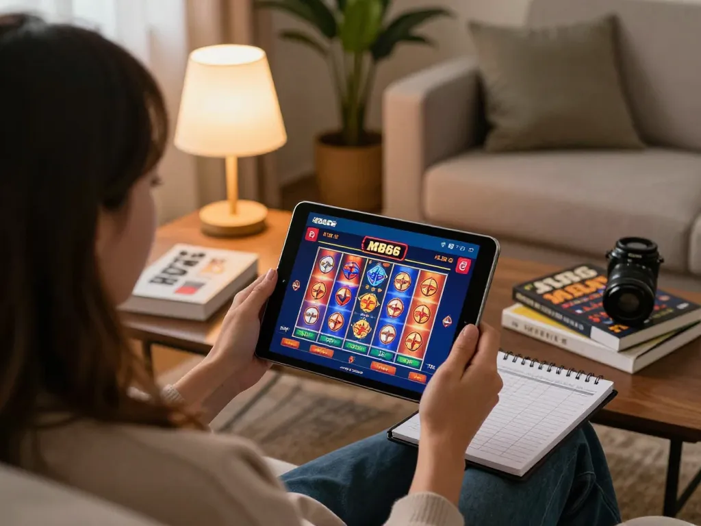 Engaging in online gambling on the MB66 app while enjoying a cozy home setting with betting strategy materials.