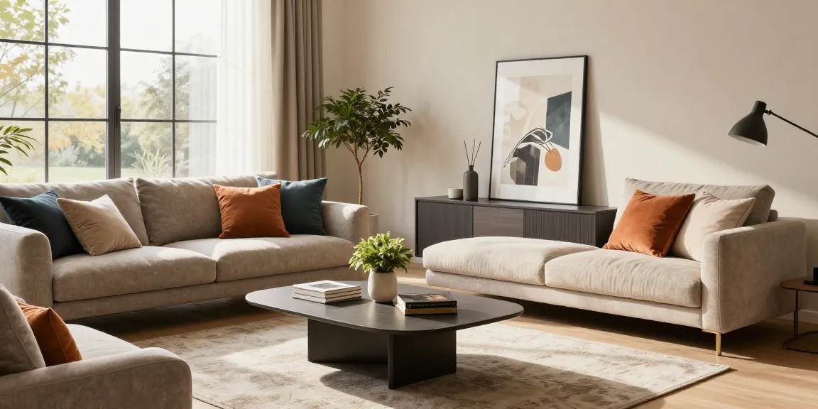 Erleben Sie wohnmöbel online kaufen mit einer stilvollen Wohnzimmergestaltung, die ein gemütliches Sofa, bunte Kissen und warmes Sonnenlicht umfasst.