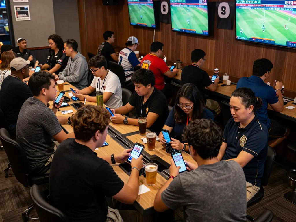 Sports fans engaging with tỷ lệ kèo nhà cái at a lively sports betting lounge with live game displays