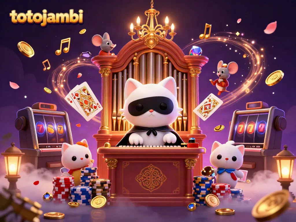 Engage in thrilling gameplay at totojambi with a vibrant casino scene filled with dynamic characters, floating coins, and gaming elements.