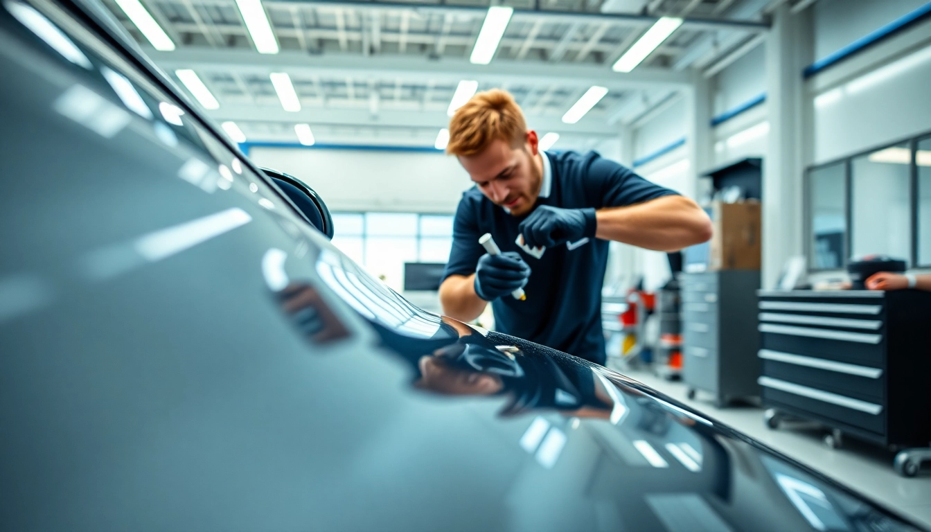 Fahrzeugaufbereitung durch einen Fachmann in einer modernen Werkstatt mit glänzenden Autos.