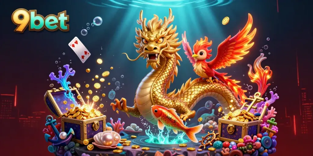 Experience the thrill of 9bet with a powerful dragon and phoenix amidst a treasure-filled scene.