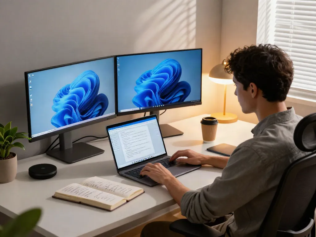 Effizientes Arbeiten mit Windows 11 Home in modernem IT Büro.