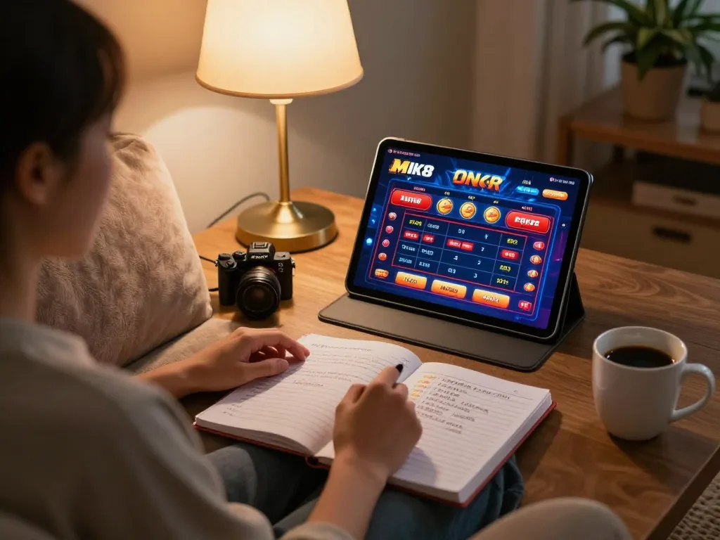 Player enjoying online gambling on MK8 tablet within a cozy home environment.