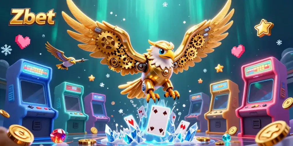 Zbet showcases a dynamic casino adventure with a golden eagle character amidst vibrant arcade gaming elements.