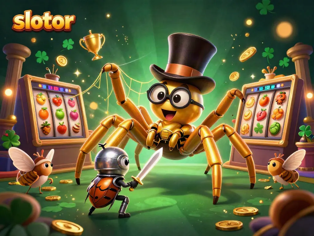 Experience slot gacor action in a vibrant 3D scene with a golden spider and beetle knight.