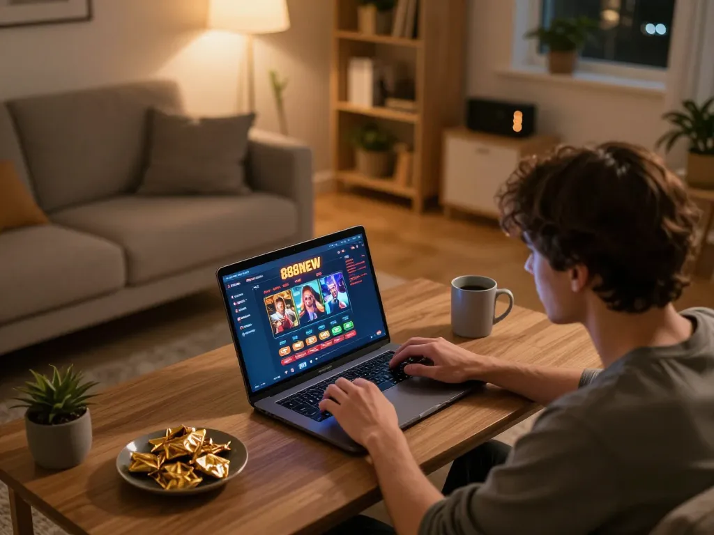 Player using the 888NEW platform in a cozy home setup for an engaging gaming experience