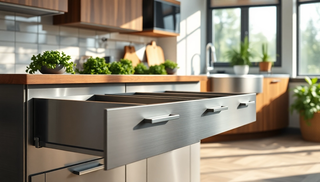 Das Metal Drawer System wird in einer modernen Küche präsentiert, die haltbaren Schubladen sind elegant herausgezogen.