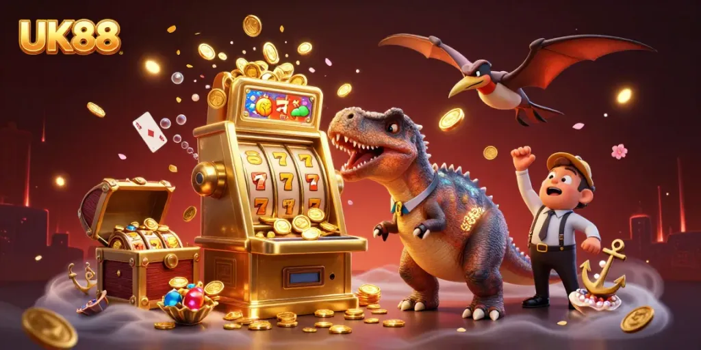 Experience thrilling jackpots at UK88 with vibrant, dynamic casino elements and characters.