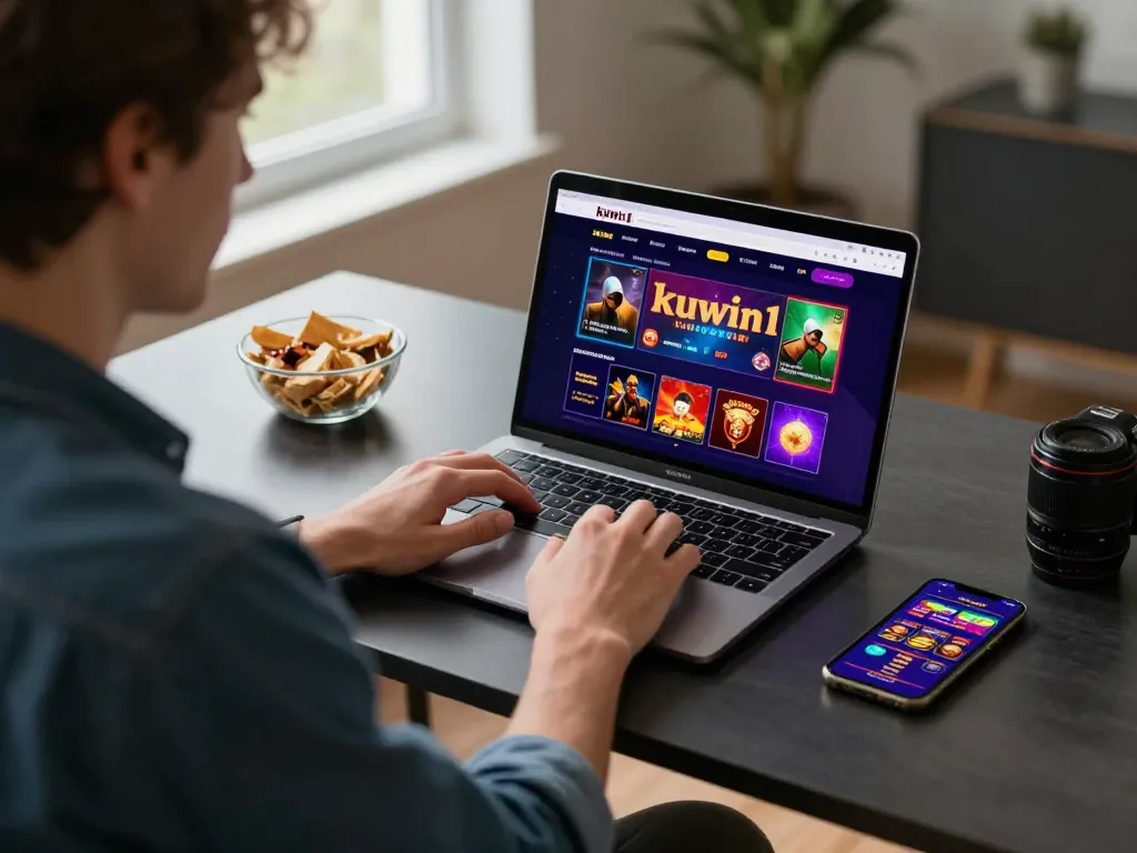 Kuwin1 user engaged in online gaming session at home with laptop and smartphone.