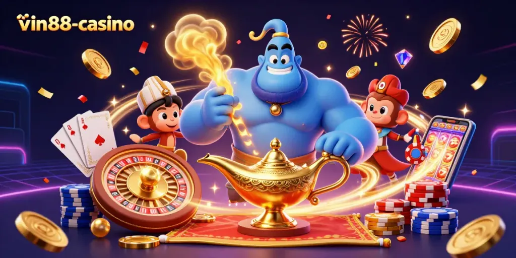 Win at vin88-casino with thrilling games and enchanting visuals at a vibrant gaming scene.