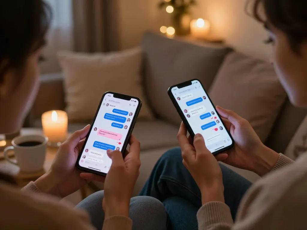 Couple cuddled on a couch engaging in sexting AI conversations on their smartphones, warm and inviting home atmosphere.