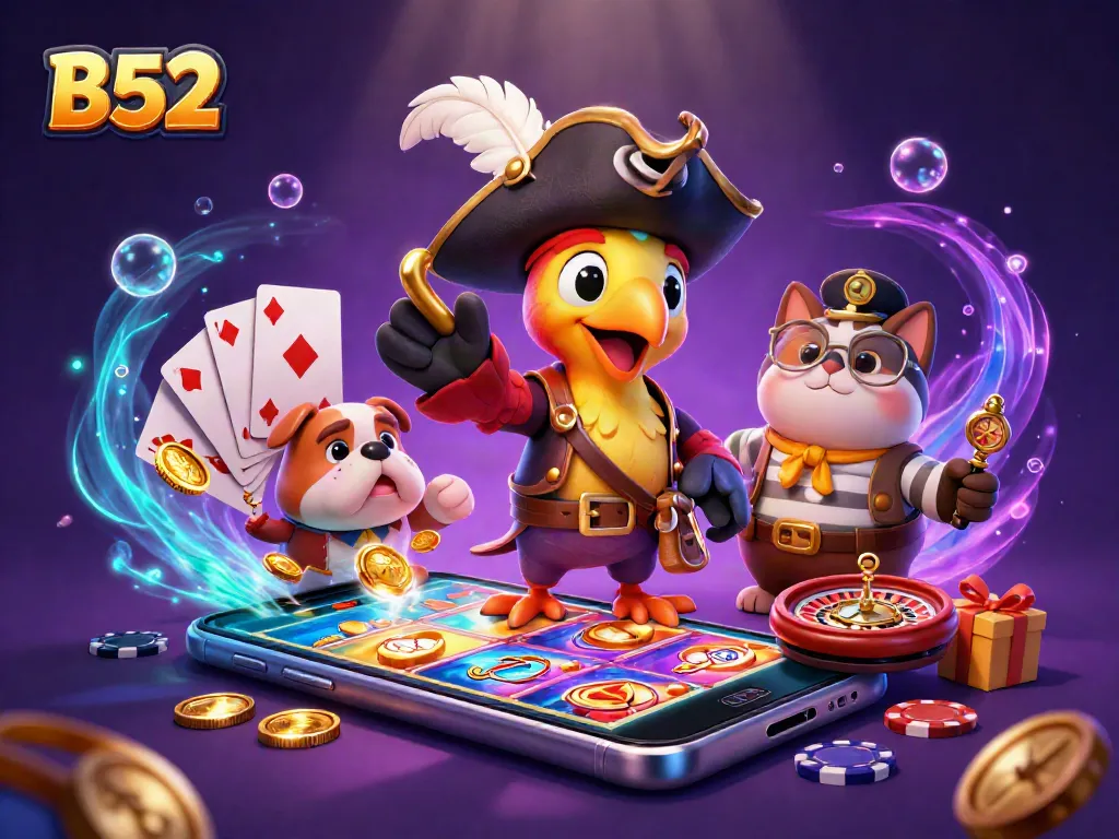 Spin to win with B52 in an action-packed casino scene featuring pirates and slots.
