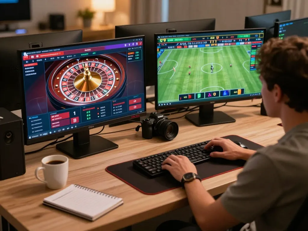 Engaging online gambling scene featuring VA88, a player at a stylish desk monitoring live dealer games and sports betting.