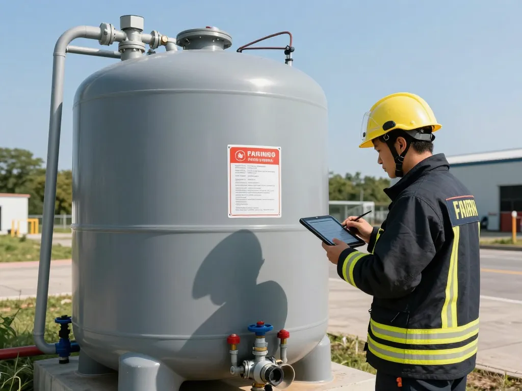 Löschwasserzisterne für Bauantrag in einer professionellen Brandschutzinstallation mit Techniker, der die Spezifikationen analysiert.
