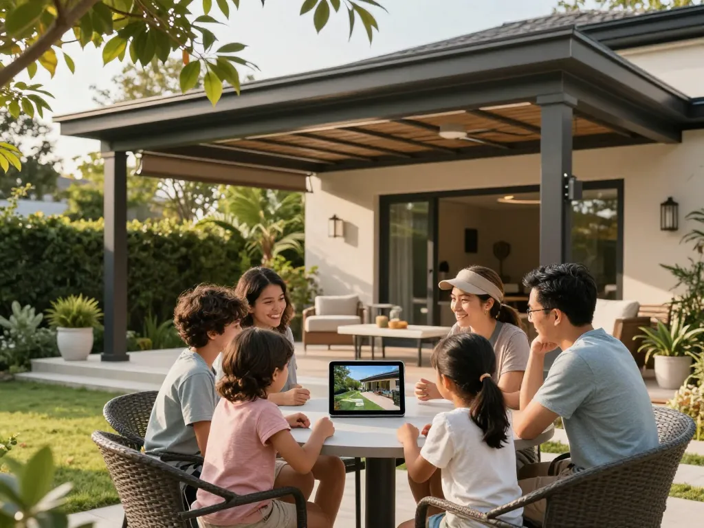 Familie genießt ein 3D-visualisiertes Veranda-Design mit einem Veranda 3D-Konfigurator in ihrem Garten.