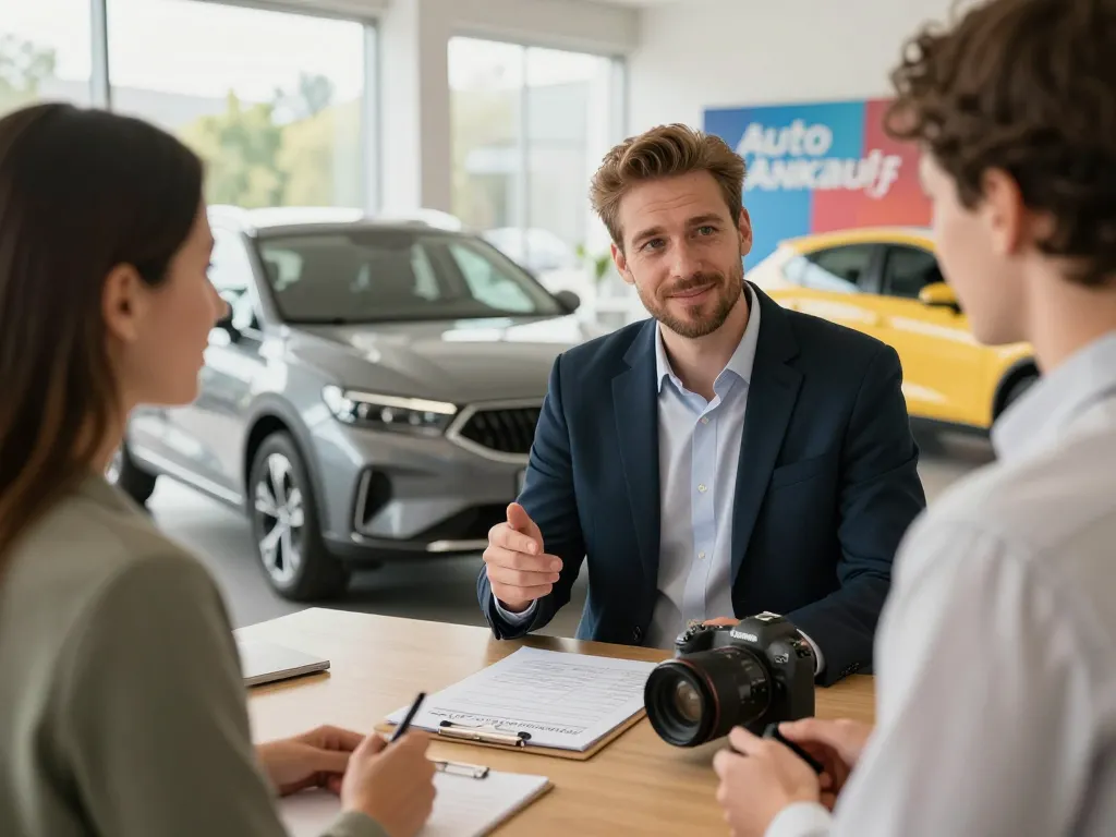Auto Ankauf Interaktionen zwischen Kunde und Experten in einer einladenden Händlerumgebung.