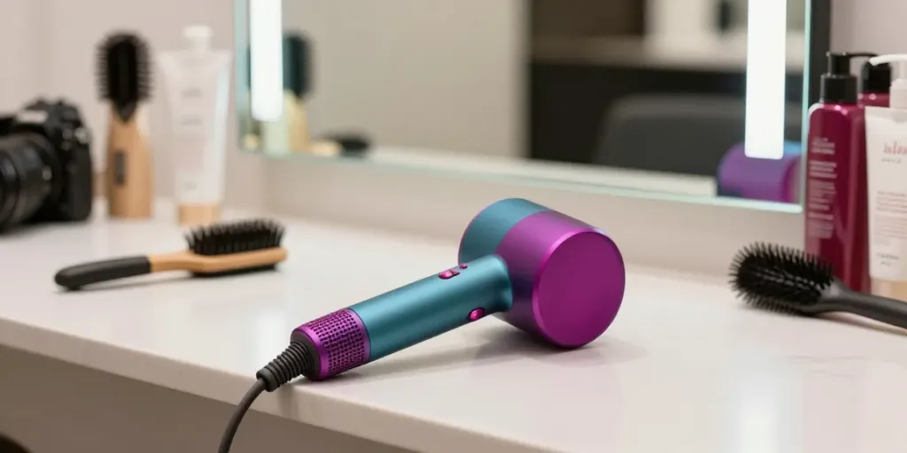 Detailed view of Laifen Mini haartrockner on a stylish salon counter with hair care products.
