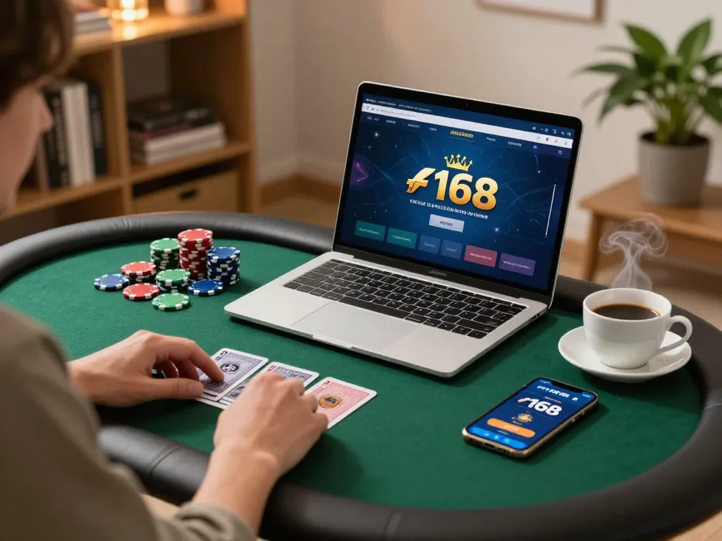 Engaging in f168 game online poker on laptop with chips laid out, warm home atmosphere.