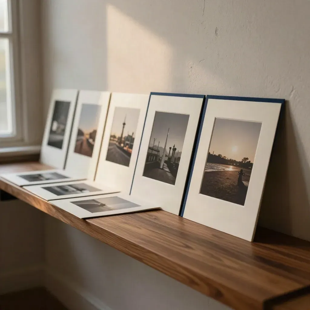 Sechs Projektprints und ein schmales Begleitheft in einer warmen Galerie-Staffelung auf dunklem Holz.